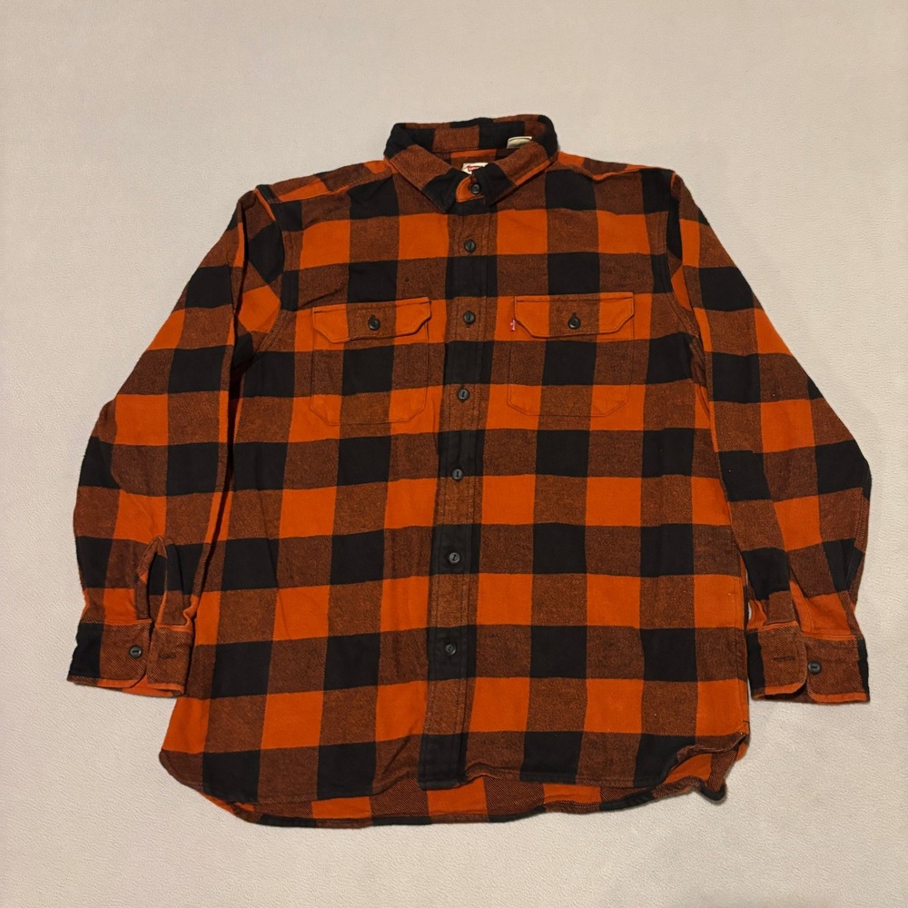 Levis Mens Flannel Shirt Large Orange Buffalo Plaid‎ Festival Lumberjack Spring